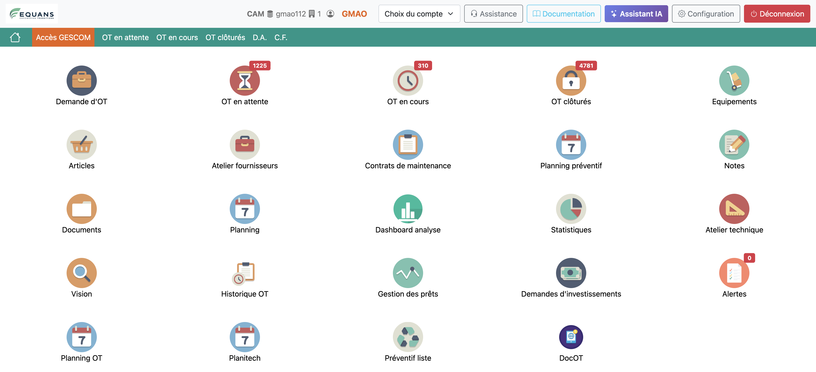 Interface Webgestion GMAO : équipements, interventions et tableau de bord