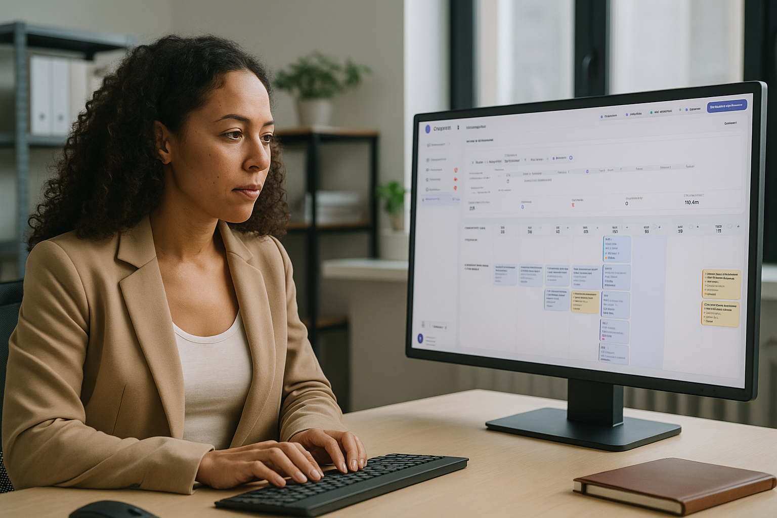 Secrétaire utilisant Surgente sur écran avec planning hebdomadaire